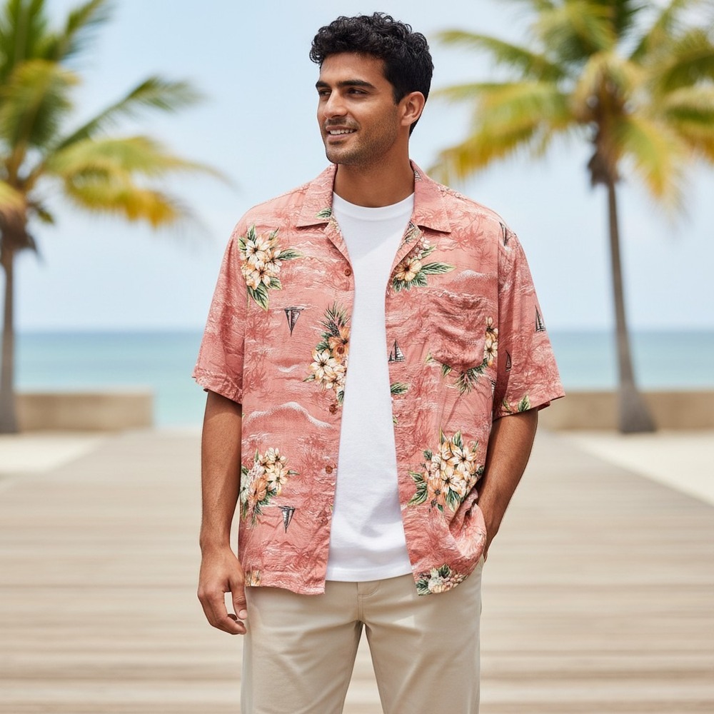 Haggar Men's SS  Hawaiian Floral Shirt,‎ Size XXL, Cotton, Coral Color Hibiscus
